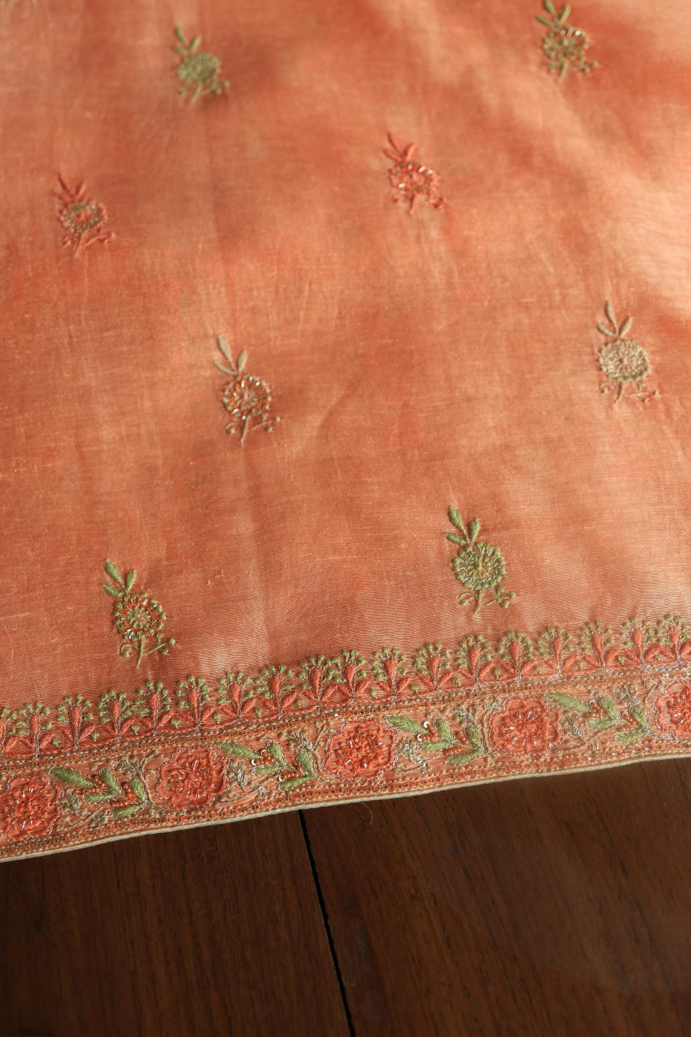Peach Linen Silk Chikankari With Ari Work Unstitched Kurta Dupatta Set