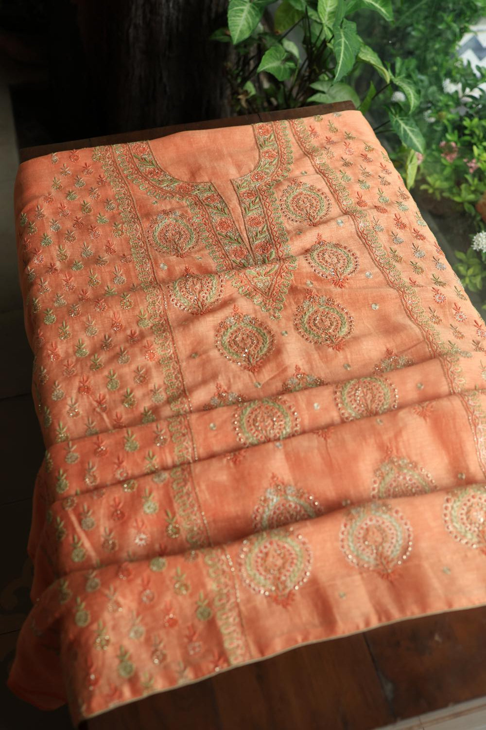 Peach Linen Silk Chikankari With Ari Work Unstitched Kurta Dupatta Set