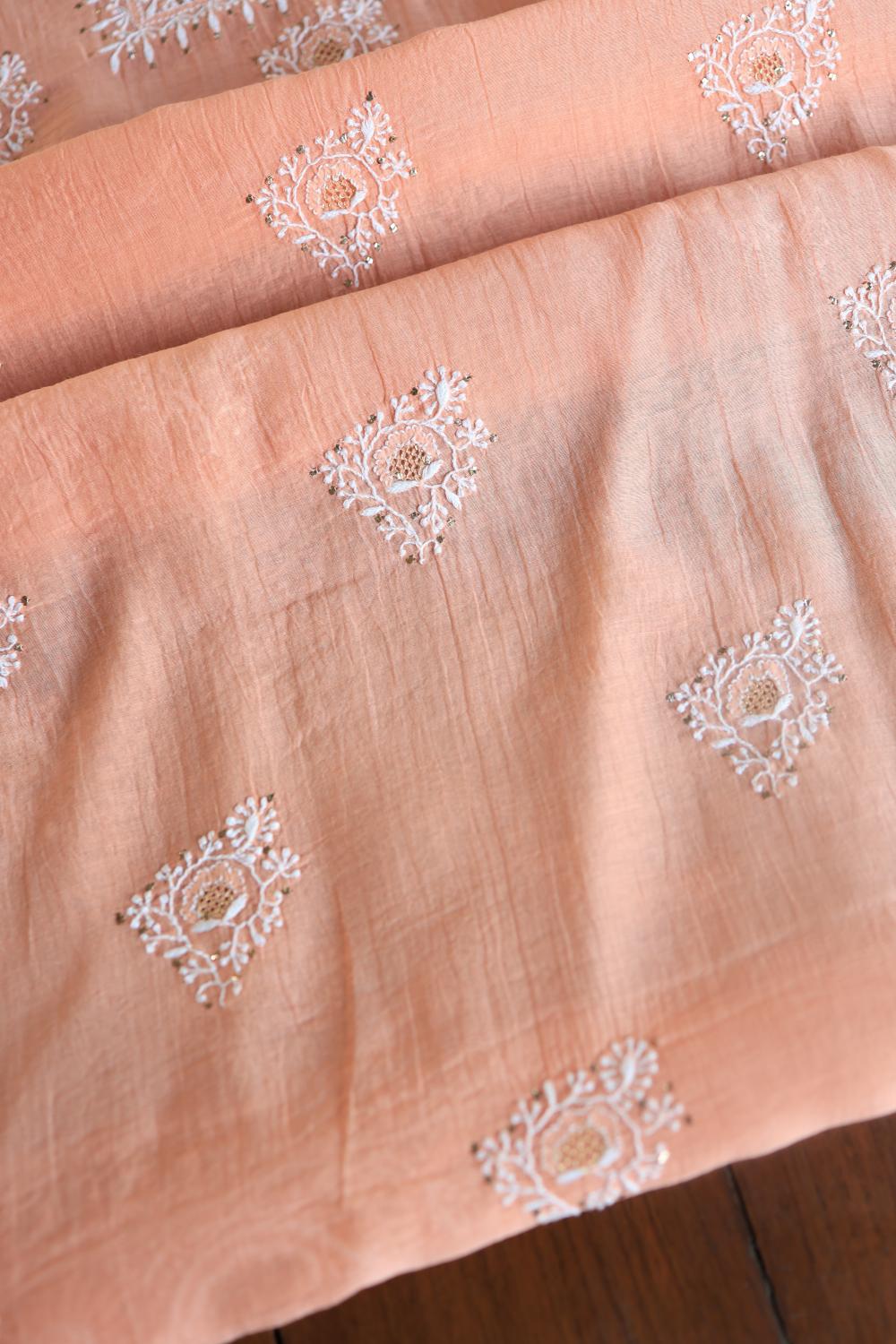 Peach Mal Cotton Chikankari Unstitched Kurta Dupatta Fabrics With Kamdani