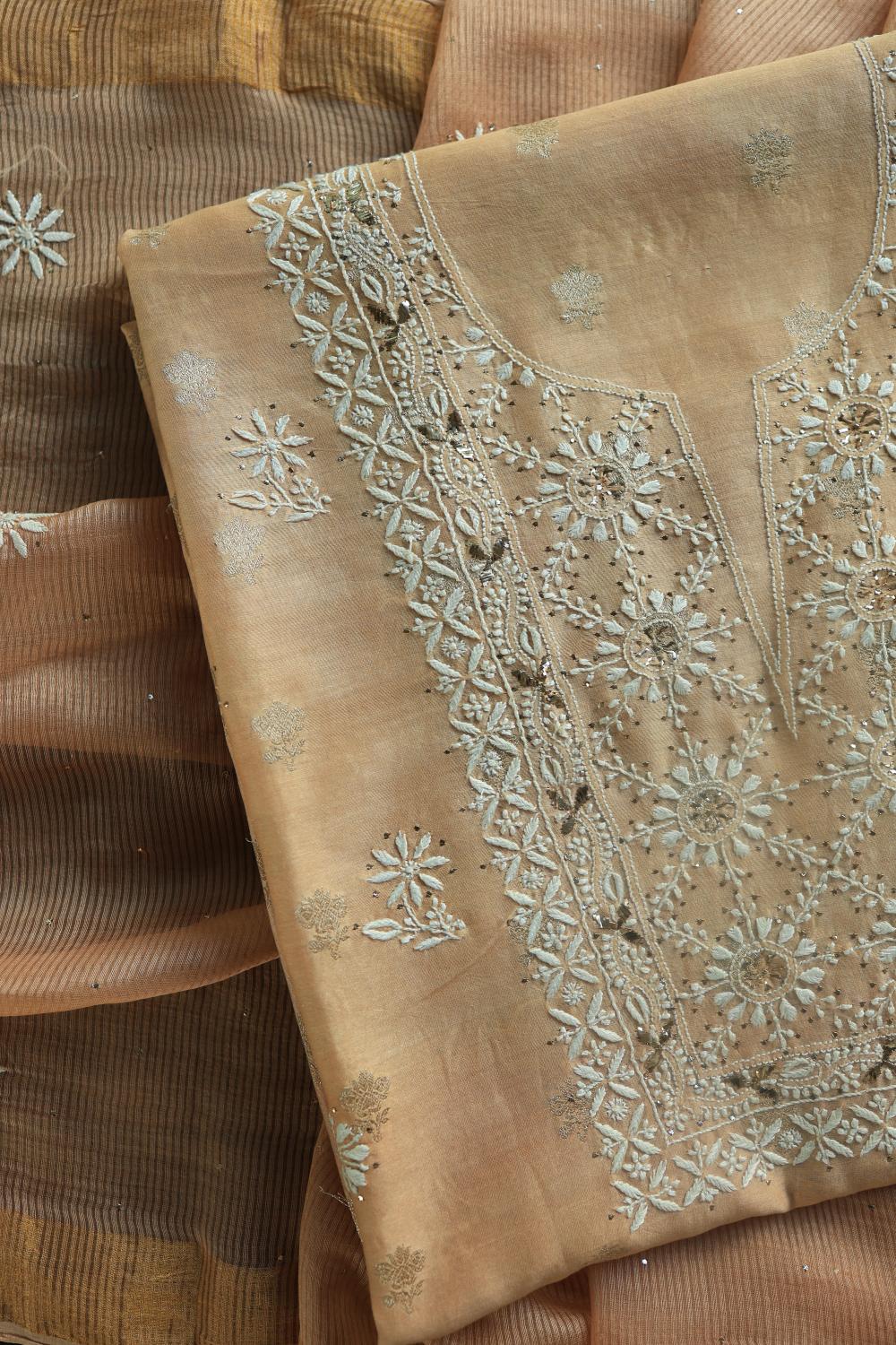 Peach Mal Cotton Fine Chikankari With Kamdani Work Unstitched Fabric