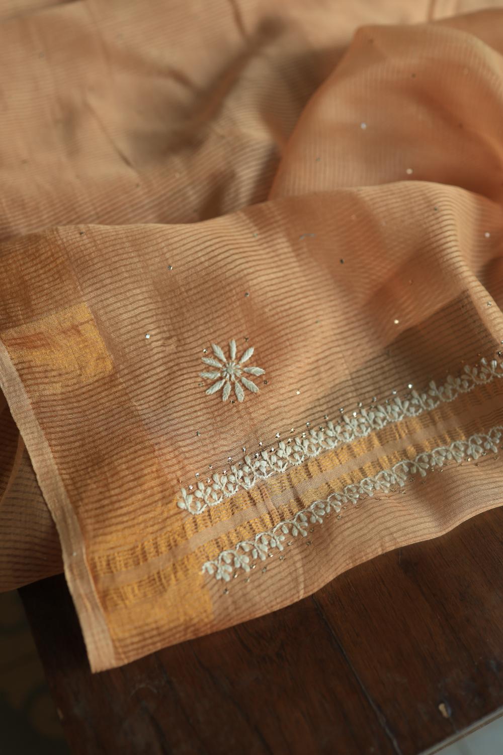 Peach Mal Cotton Fine Chikankari With Kamdani Work Unstitched Fabric