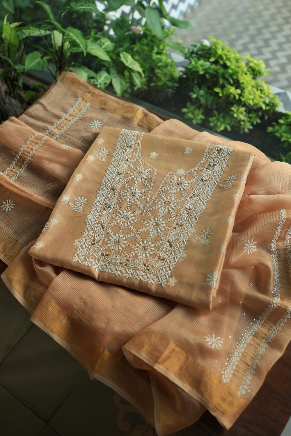 Peach Mal Cotton Fine Chikankari With Kamdani Work Unstitched Fabric