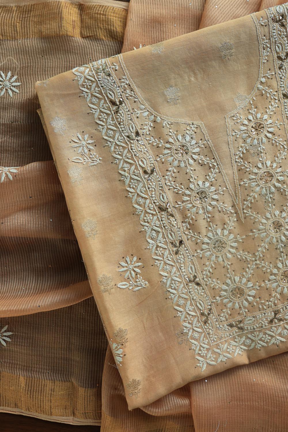 Peach Mal Cotton Fine Chikankari With Kamdani Work Unstitched Fabric