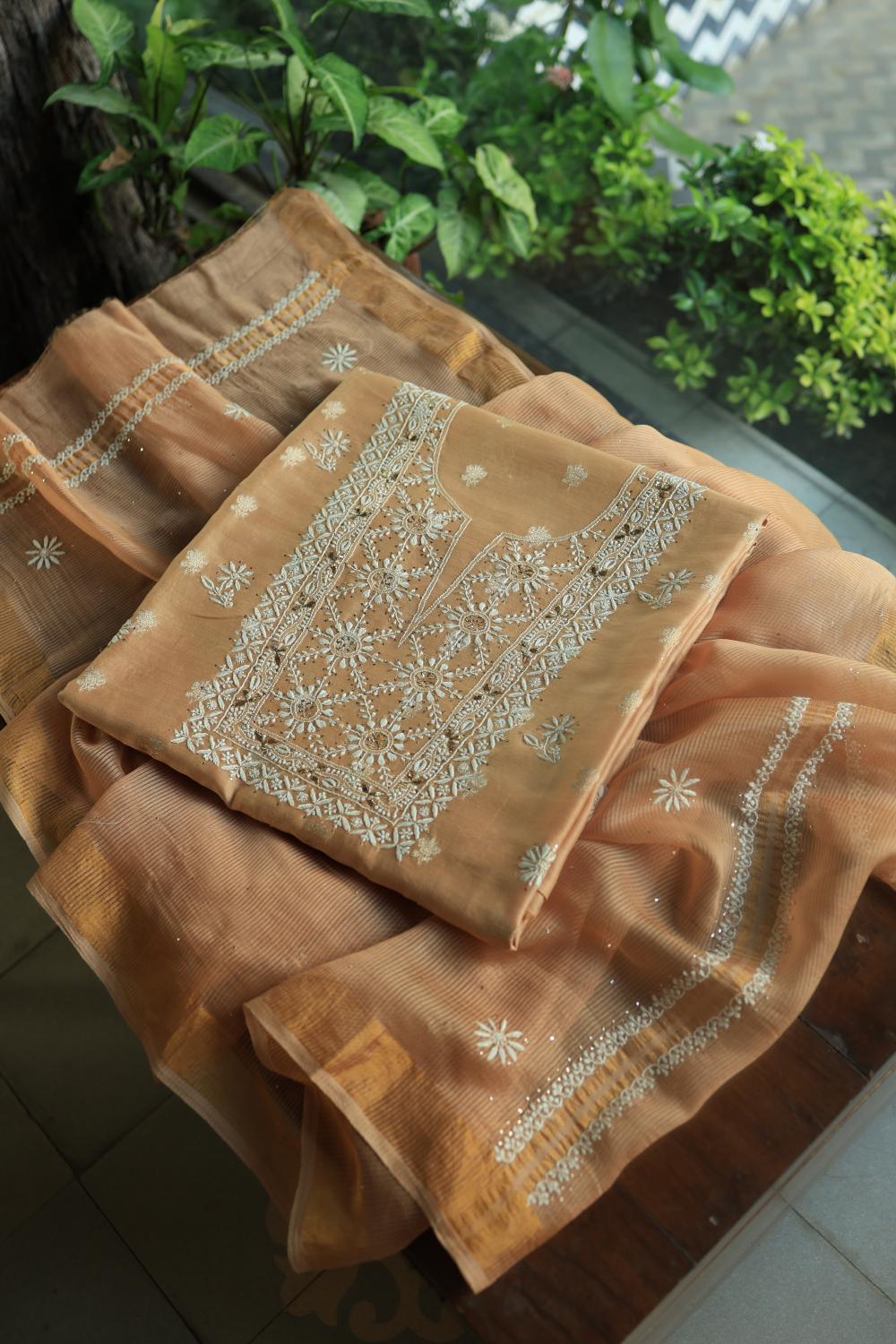 Peach Mal Cotton Fine Chikankari With Kamdani Work Unstitched Fabric