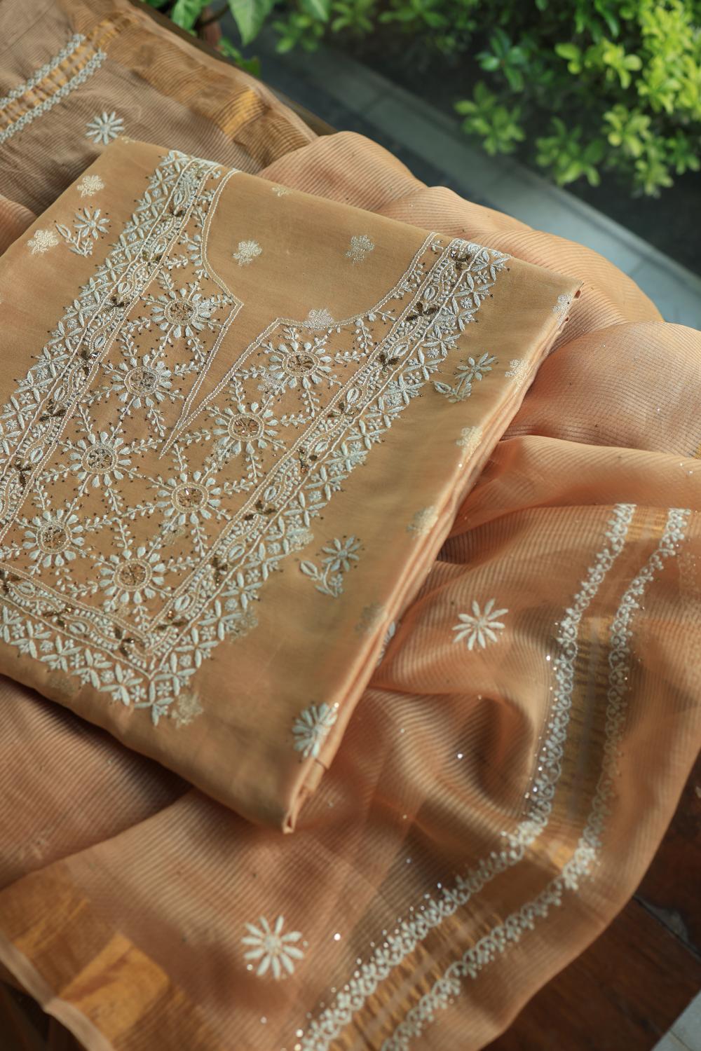 Peach Mal Cotton Fine Chikankari With Kamdani Work Unstitched Fabric