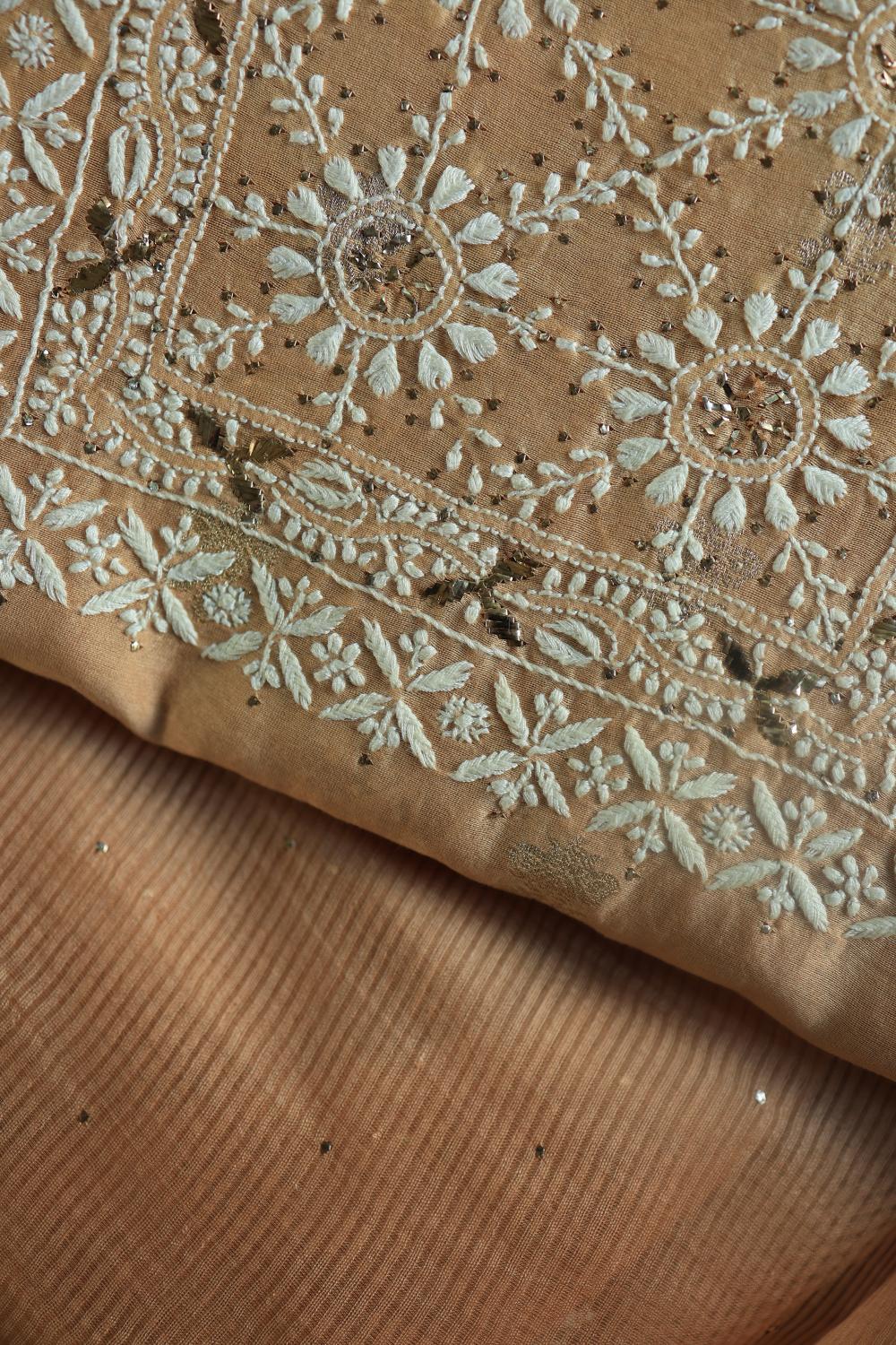 Peach Mal Cotton Fine Chikankari With Kamdani Work Unstitched Fabric