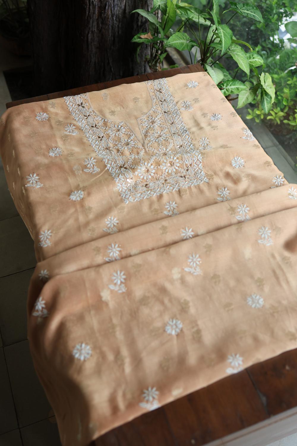 Peach Mal Cotton Fine Chikankari With Kamdani Work Unstitched Fabric