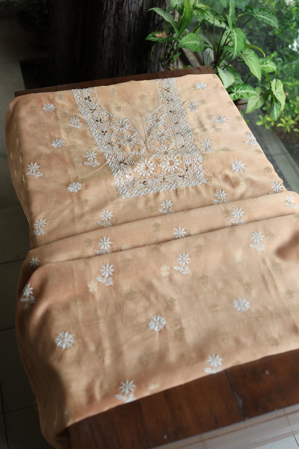 Peach Mal Cotton Fine Chikankari With Kamdani Work Unstitched Fabric