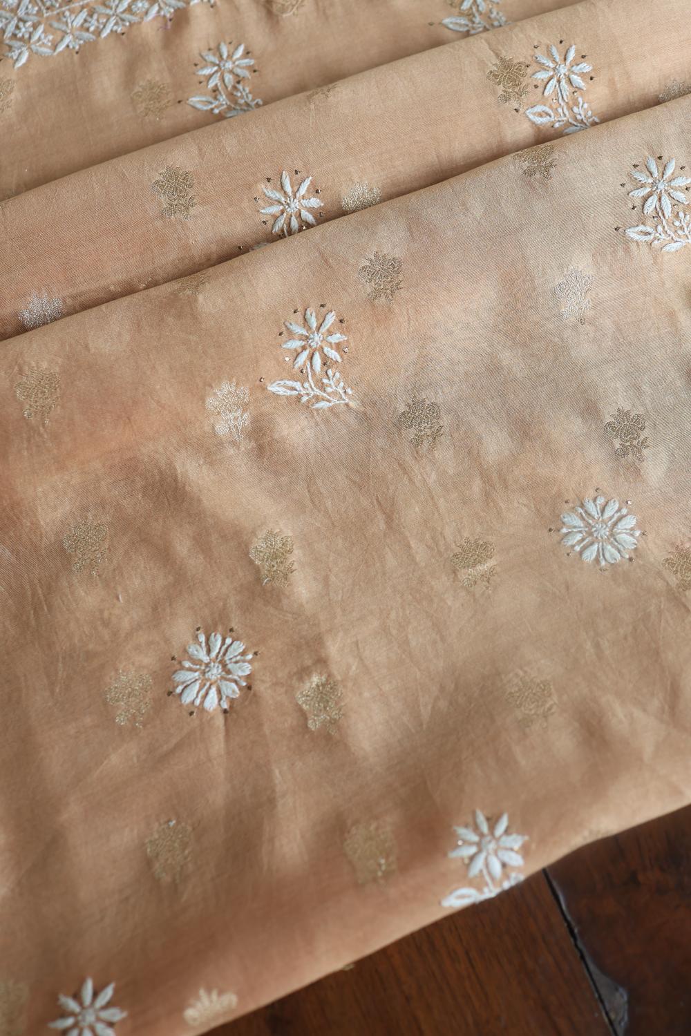 Peach Mal Cotton Fine Chikankari With Kamdani Work Unstitched Fabric