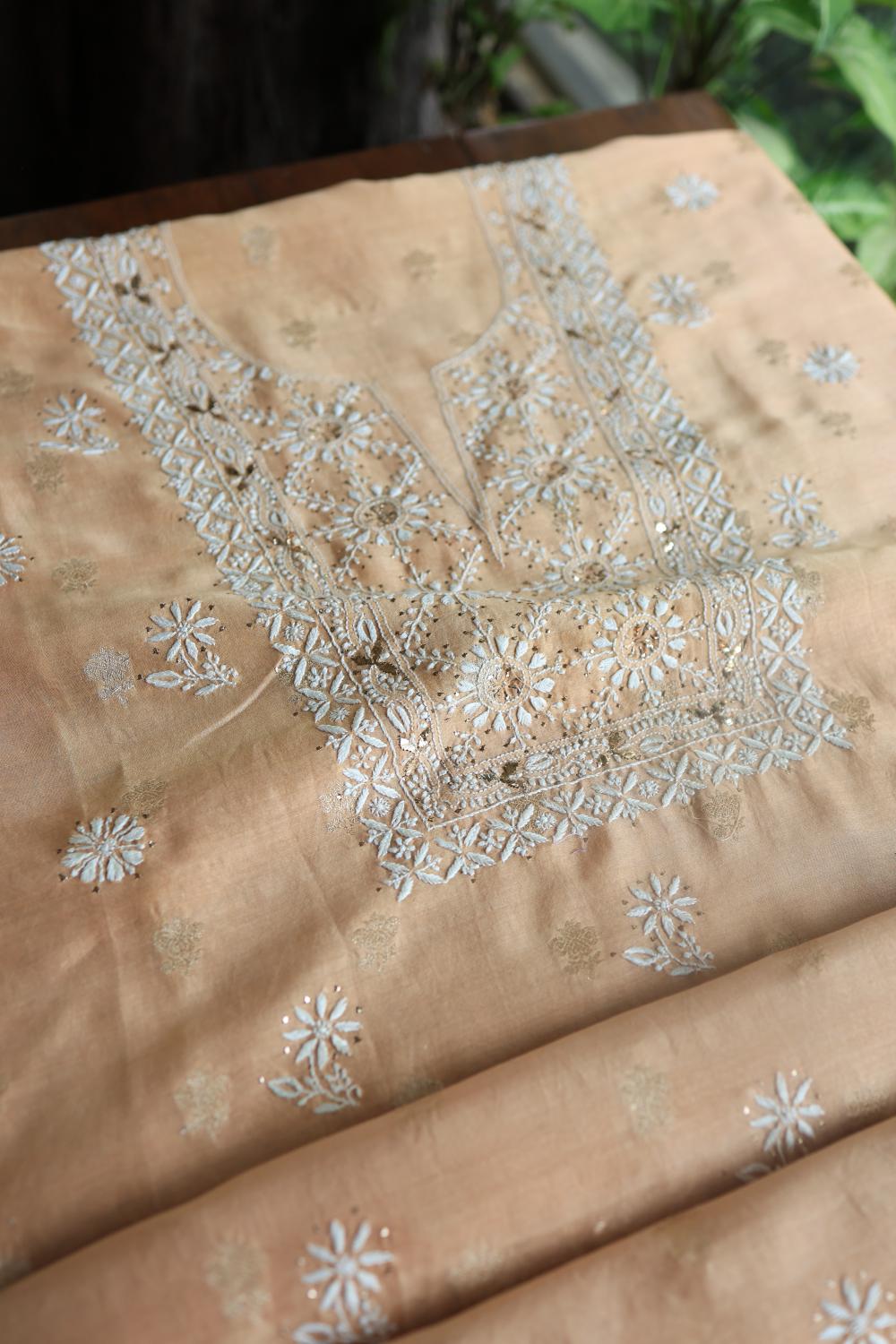 Peach Mal Cotton Fine Chikankari With Kamdani Work Unstitched Fabric