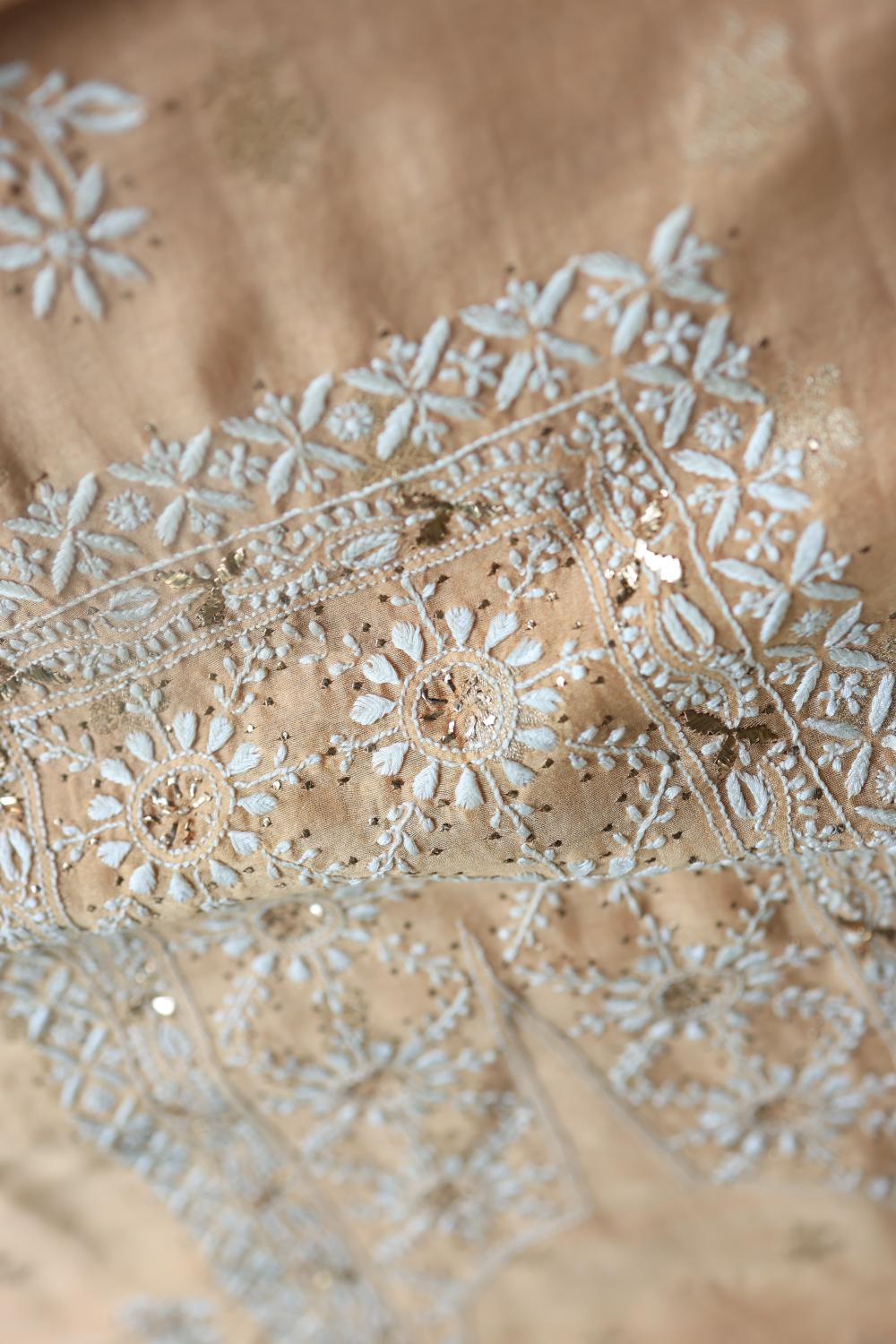 Peach Mal Cotton Fine Chikankari With Kamdani Work Unstitched Fabric