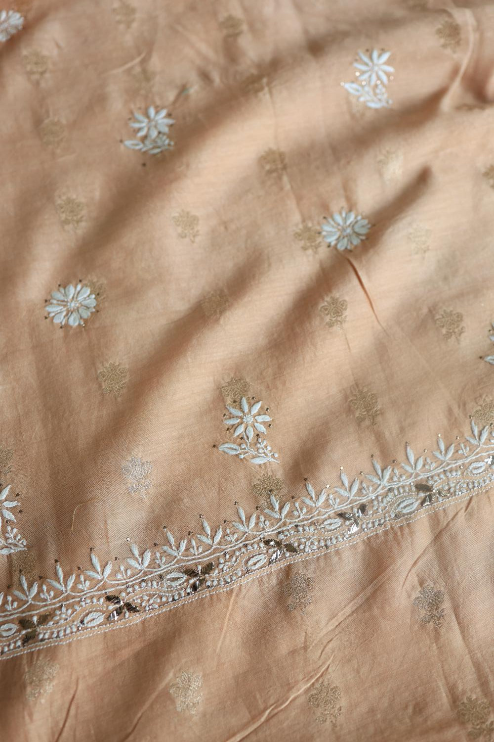 Peach Mal Cotton Fine Chikankari With Kamdani Work Unstitched Fabric