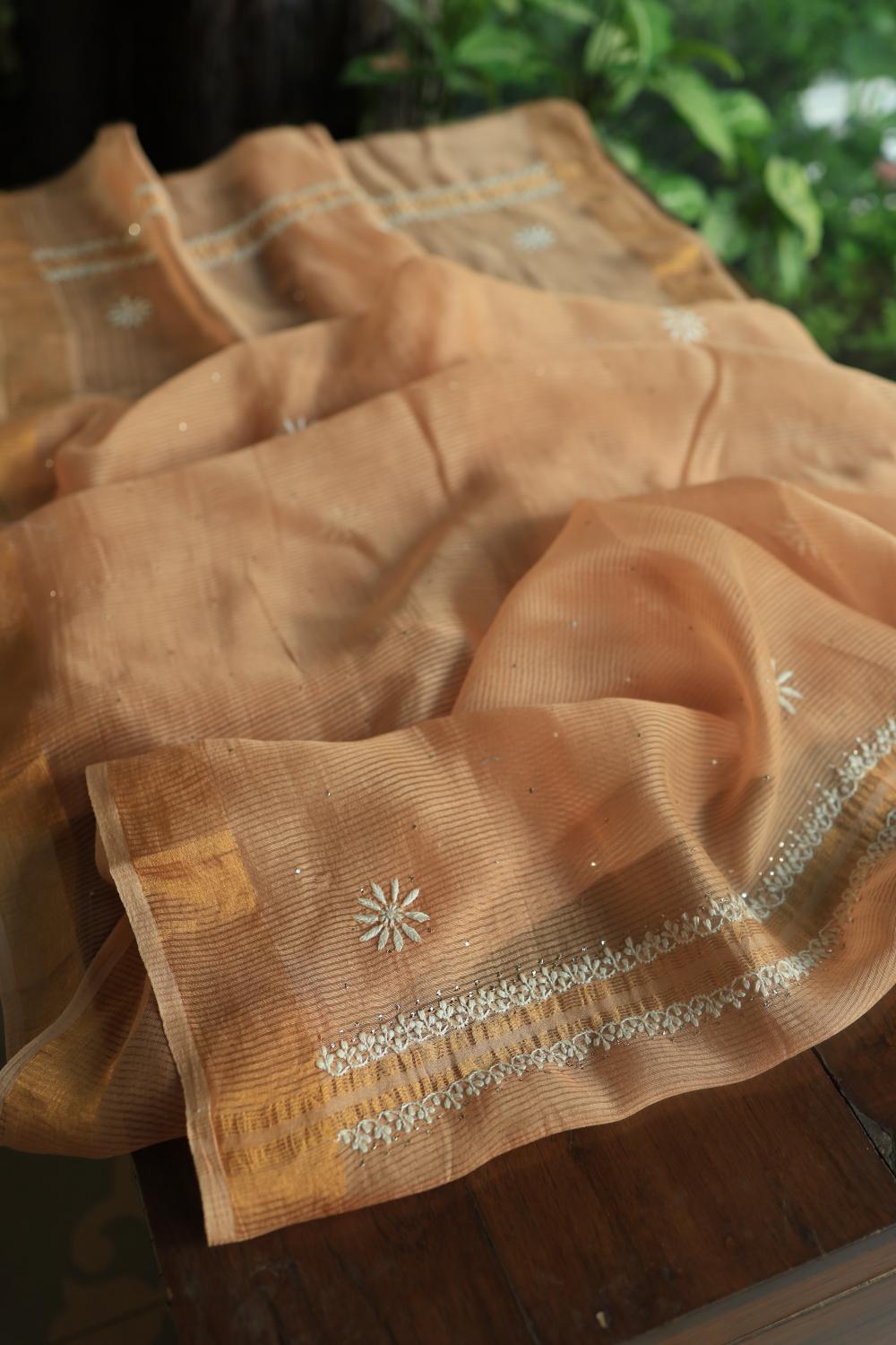 Peach Mal Cotton Fine Chikankari With Kamdani Work Unstitched Fabric