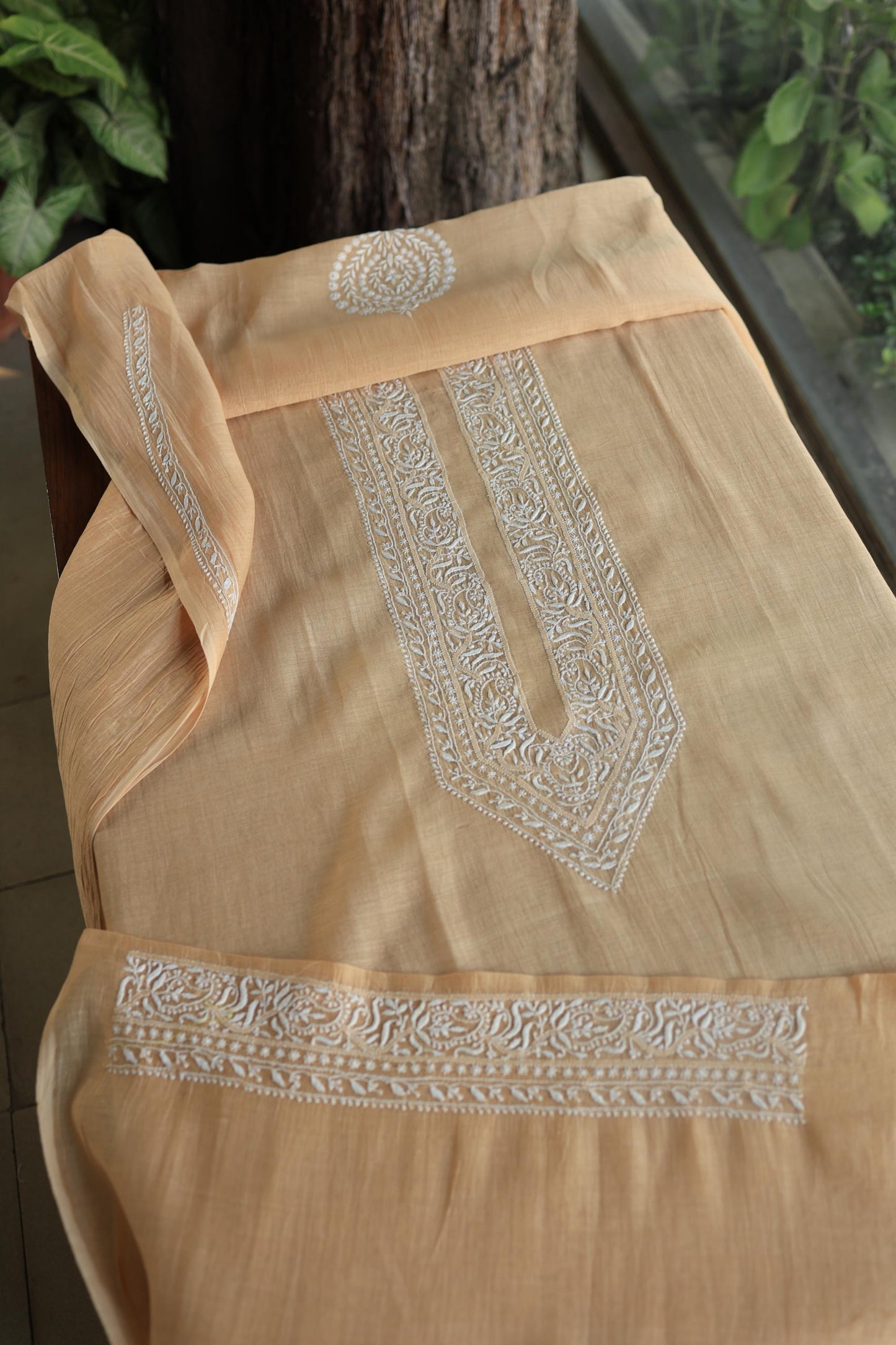 Peach Mulmul Chikankari Men's Kurtas Fabric