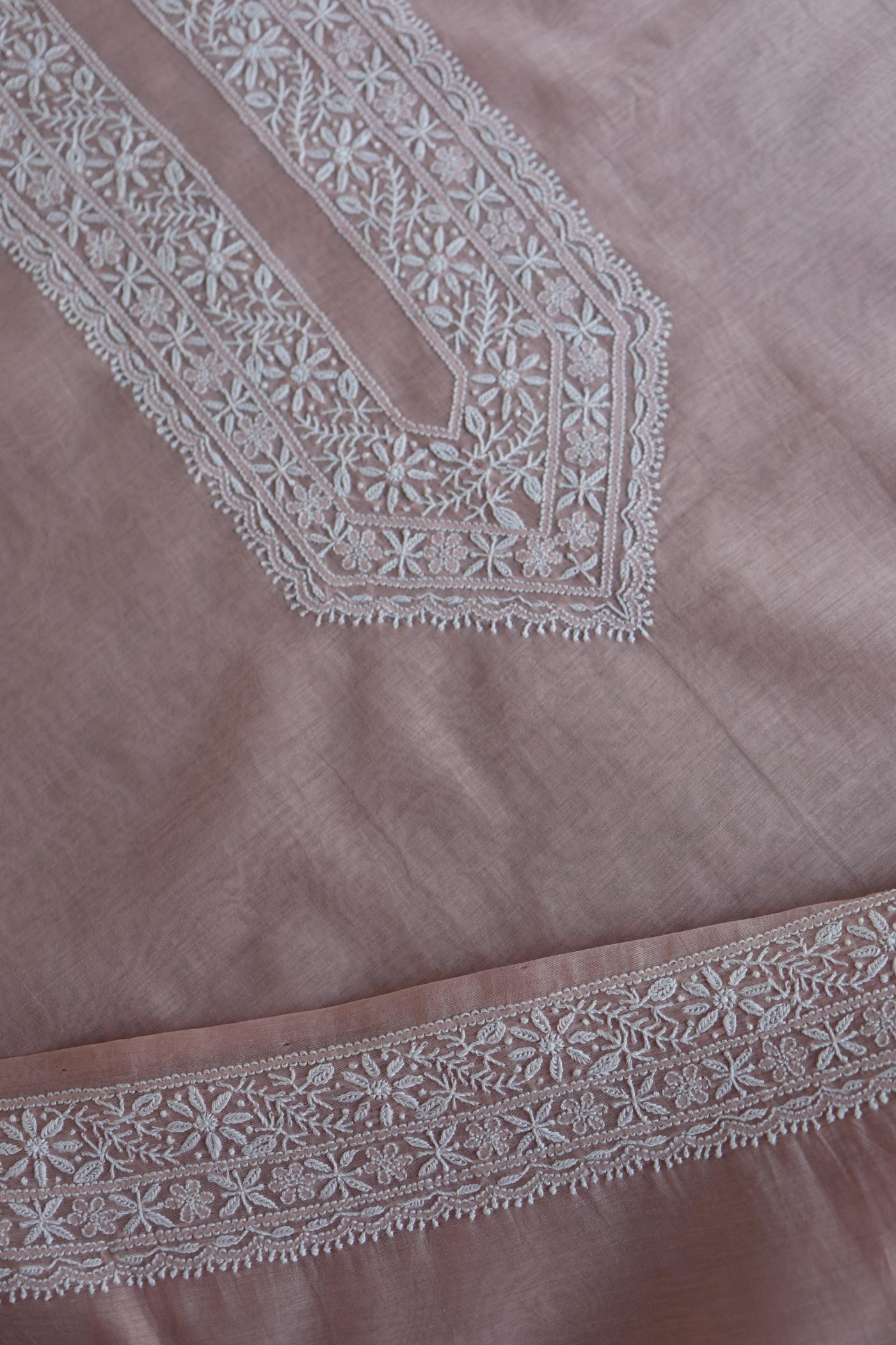 Peach Mulmul Chikankari Unstitched Men's Kurtas Fabric