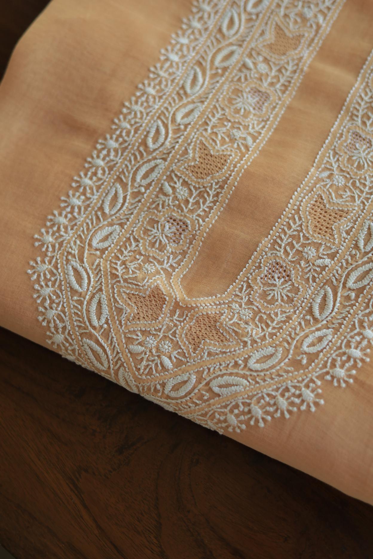 Peach Mulmul Chikankari Unstitched Men's Kurtas Fabric