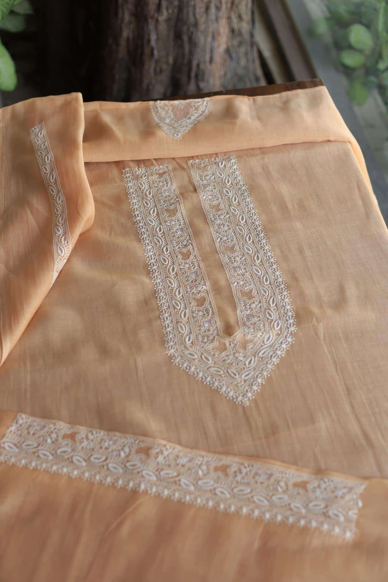 Peach Mulmul Chikankari Unstitched Men's Kurtas Fabric