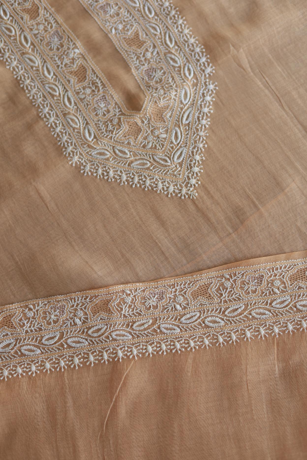 Peach Mulmul Chikankari Unstitched Men's Kurtas Fabric