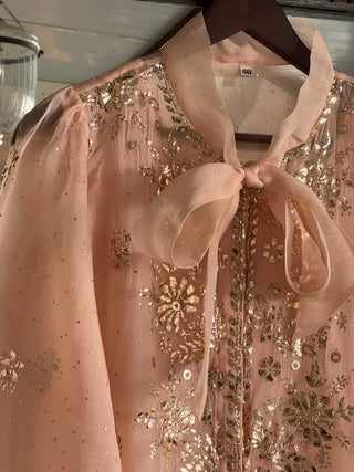 Peach Noor Organza Mukaish Badla Short Top With Bow Tie