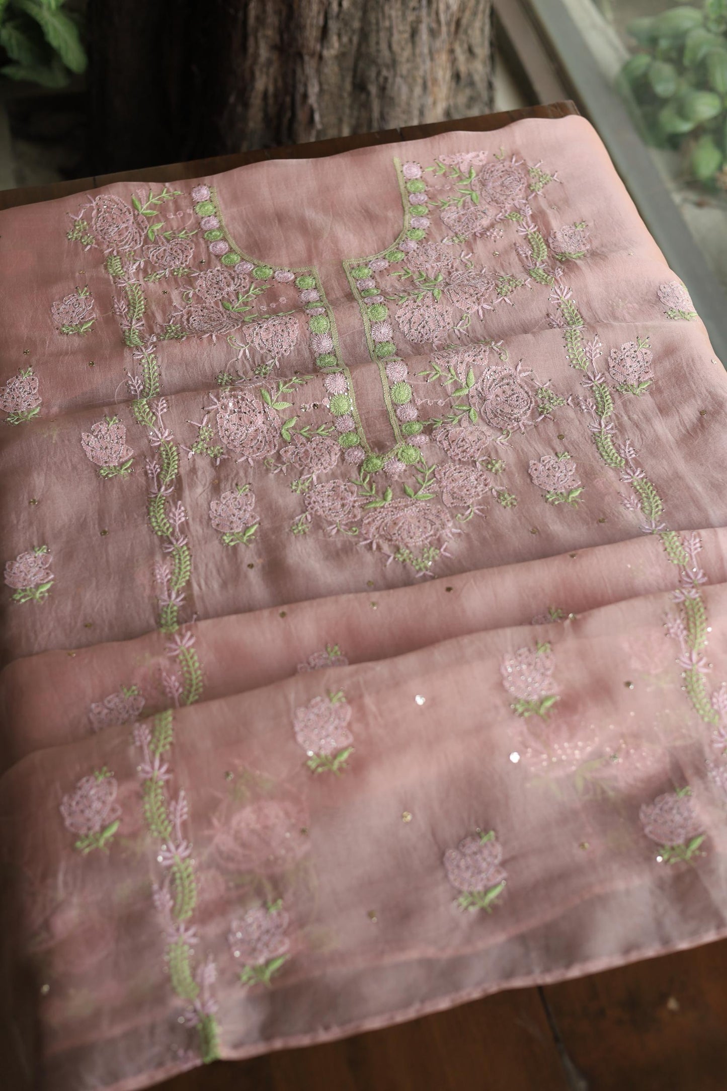 Rose Taupe Noor Organza Silk Chikankari With Mukaish Kamdani Fabrics