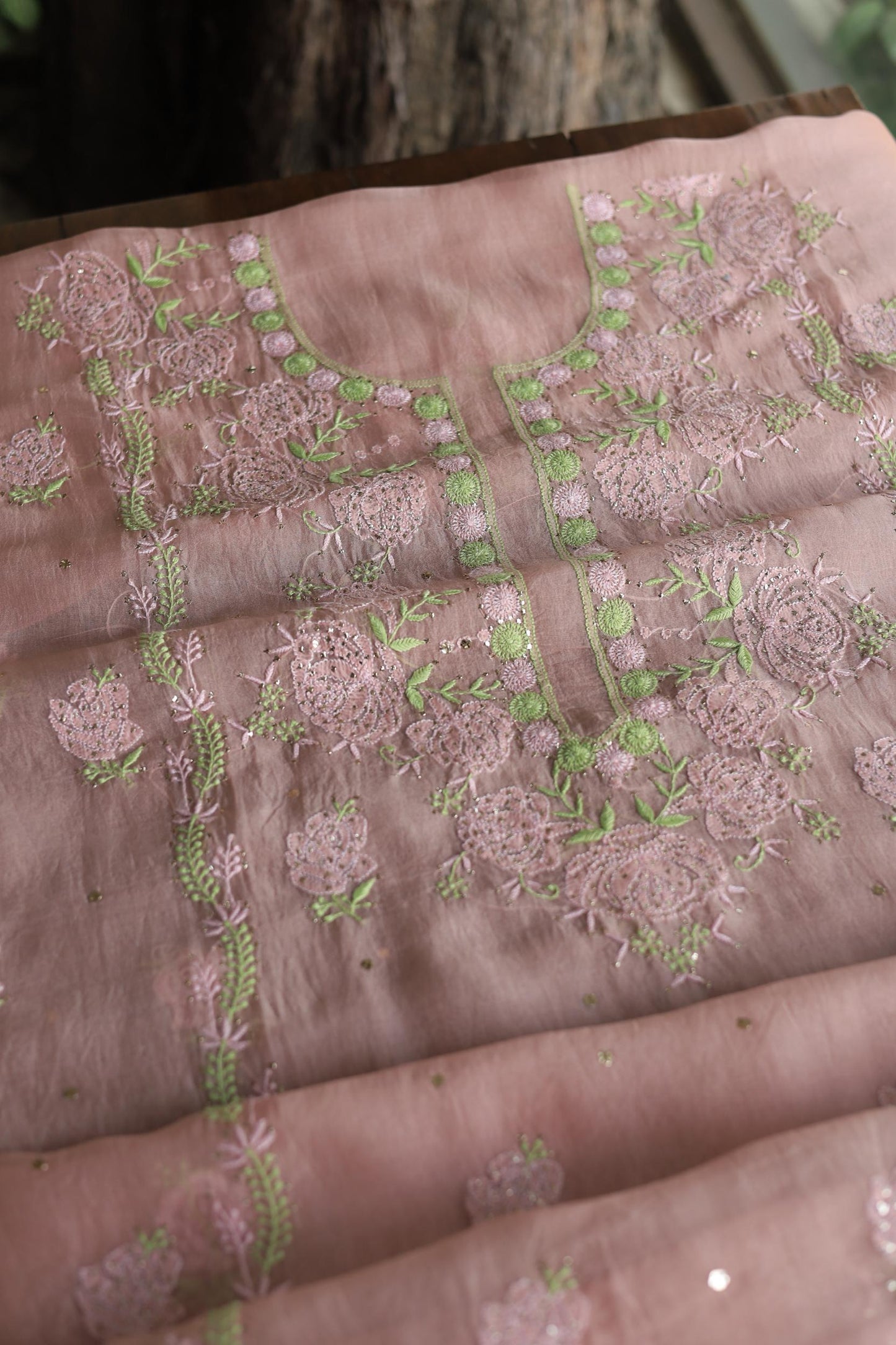 Rose Taupe Noor Organza Silk Chikankari With Mukaish Kamdani Fabrics