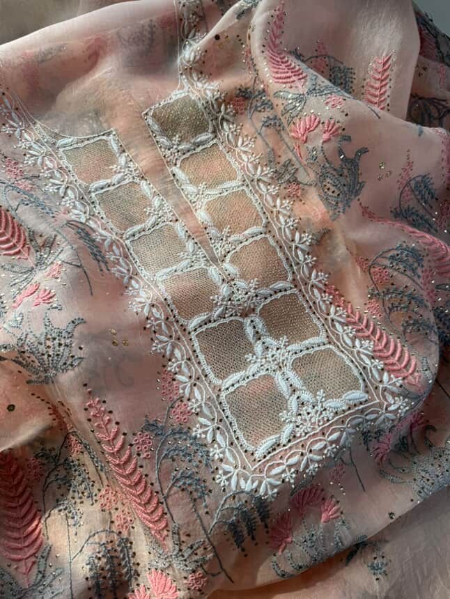 Peach Noor Organza Silk Chikankari With Mukaish Kamdani Fabric