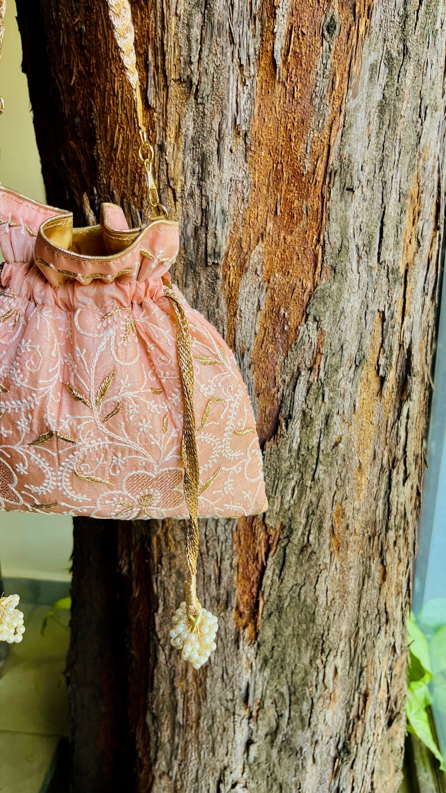 Peach Raw Silk Chikankari Polti Bags