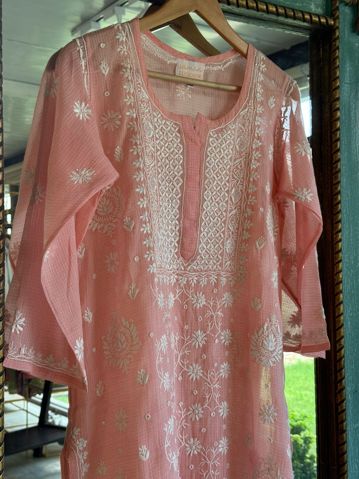 Peach Sequinned Chikankari Kota Kurta