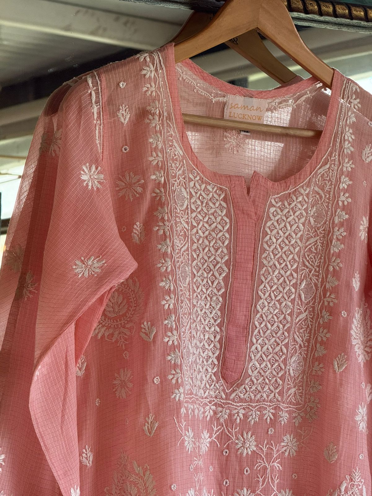 Peach Sequinned Chikankari Kota Kurta