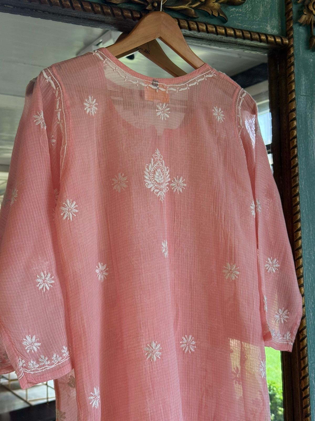 Peach Sequinned Chikankari Kota Kurta