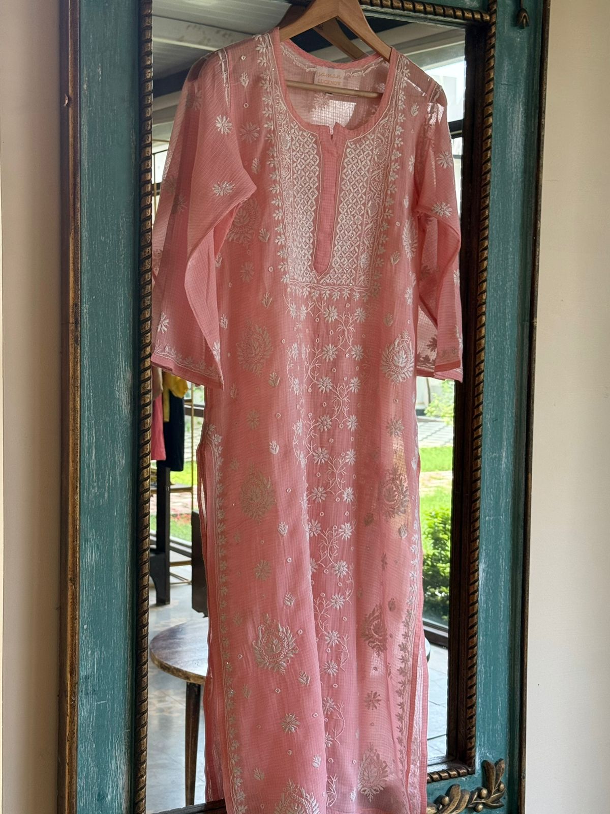 Peach Sequinned Chikankari Kota Kurta