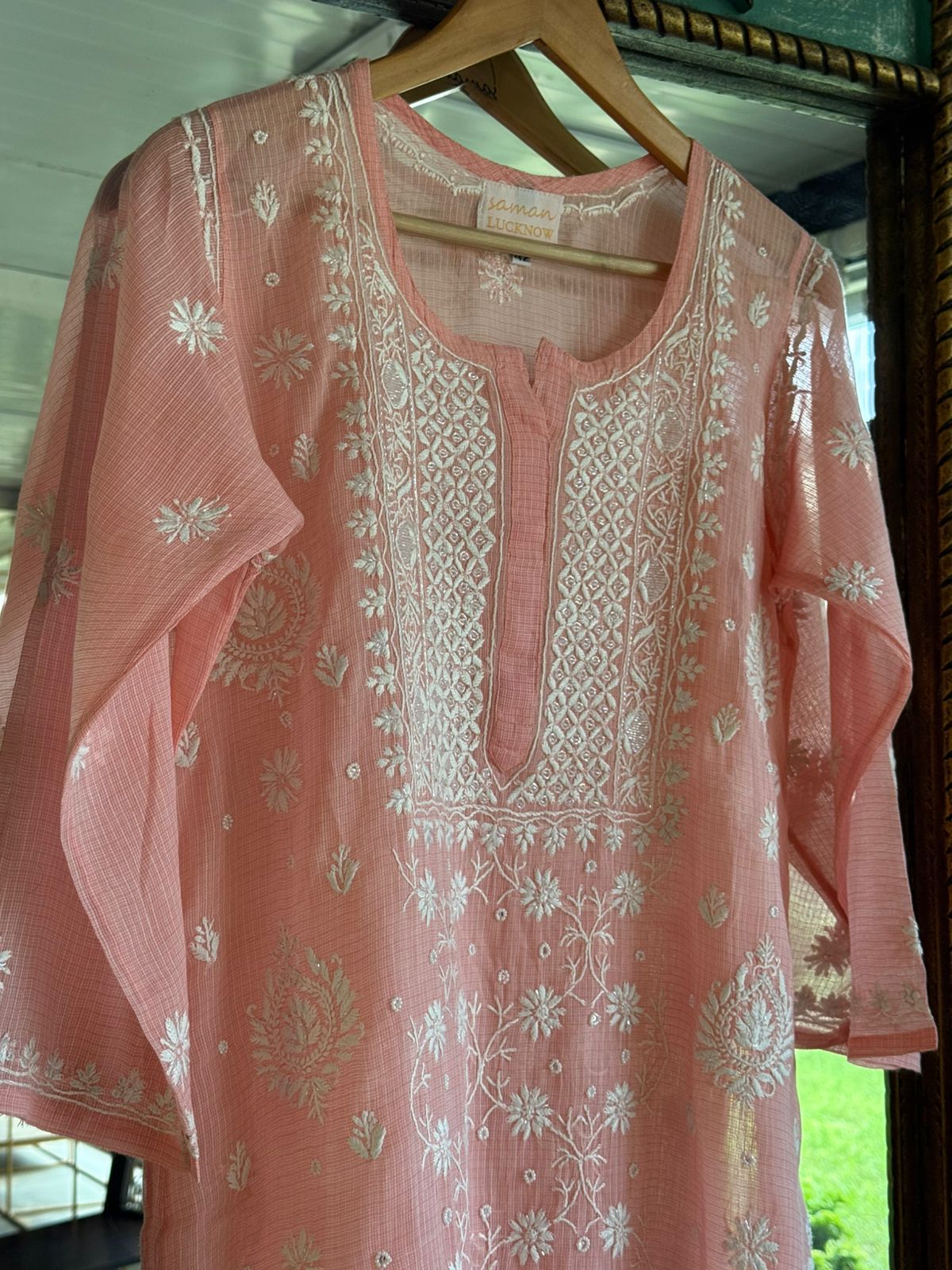 Peach Sequinned Chikankari Kota Kurta