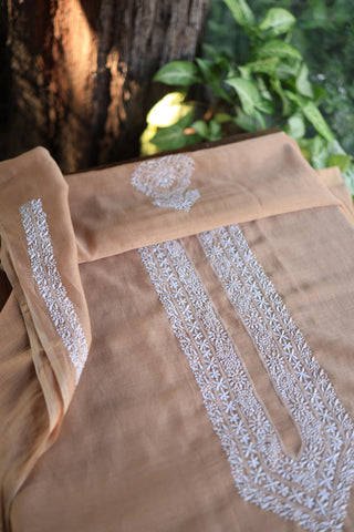 Peach Shade Mulmul Chikankari Unstitched Men's Kurtas Fabric