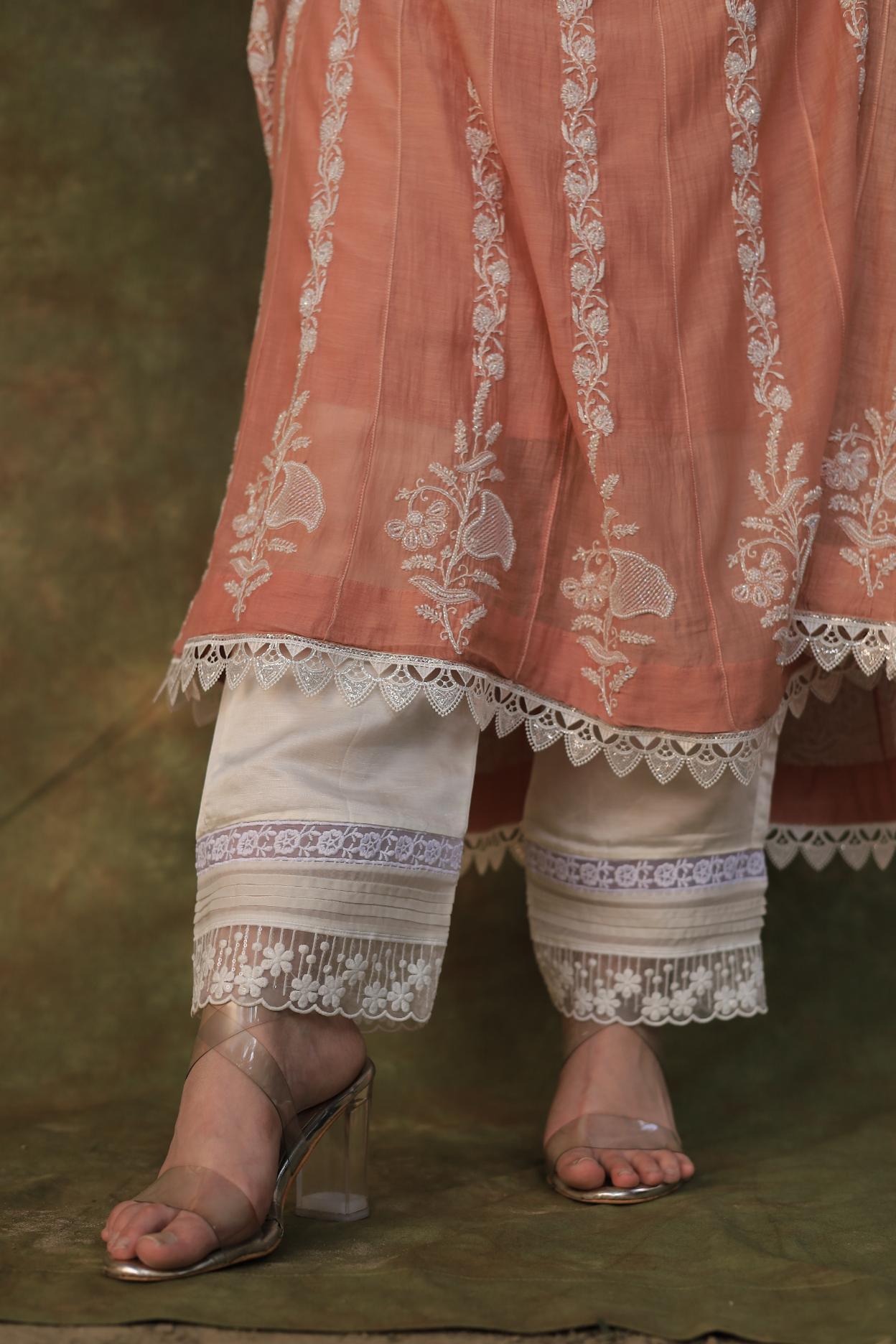Peach Shade Mulmul Work With Chikankari Ready To Wear Anarkali With Dupatta