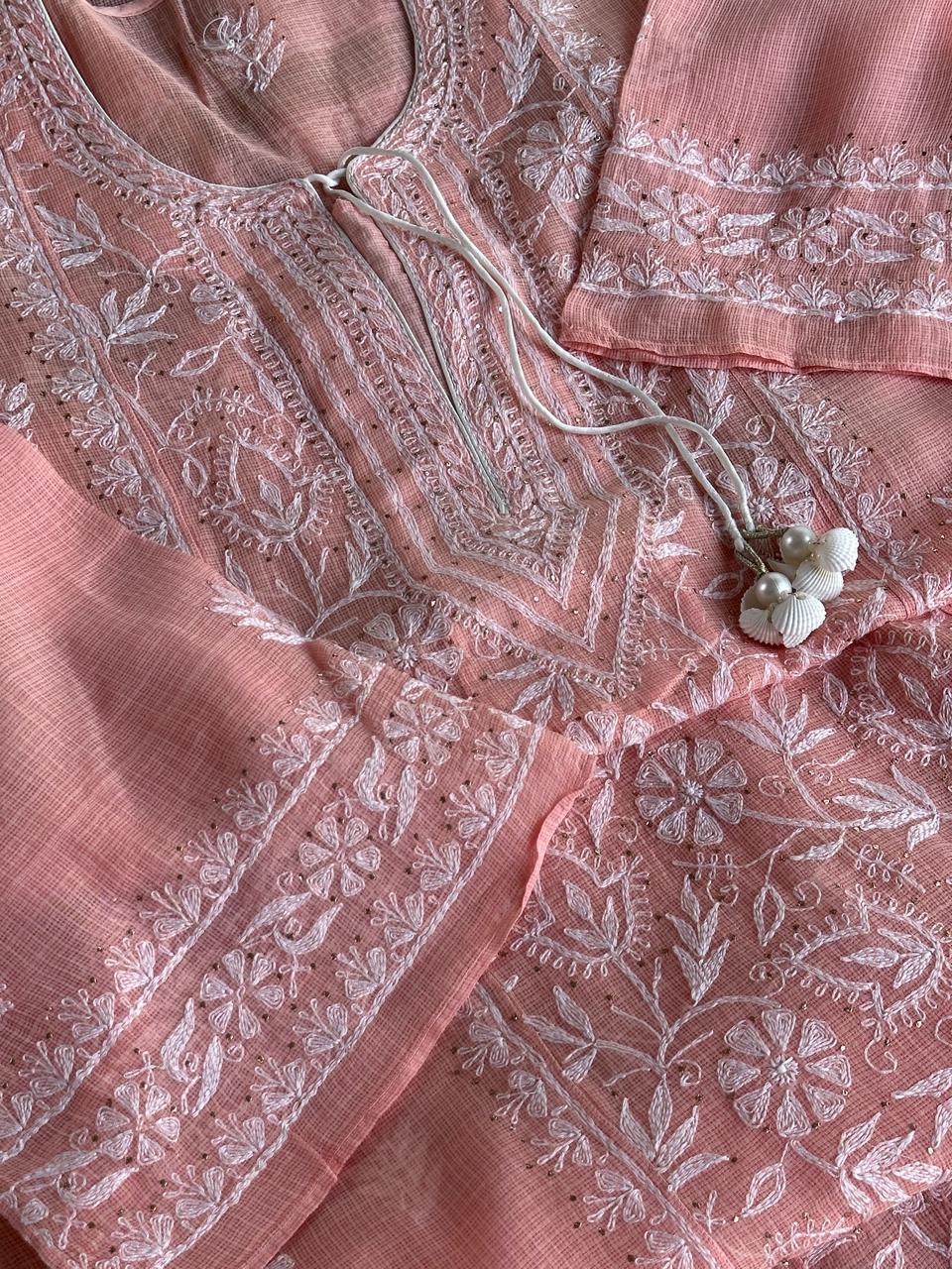 Peach Shade Semi Stitched Kota Tepchi Chikankari Kurta Dupatta Set
