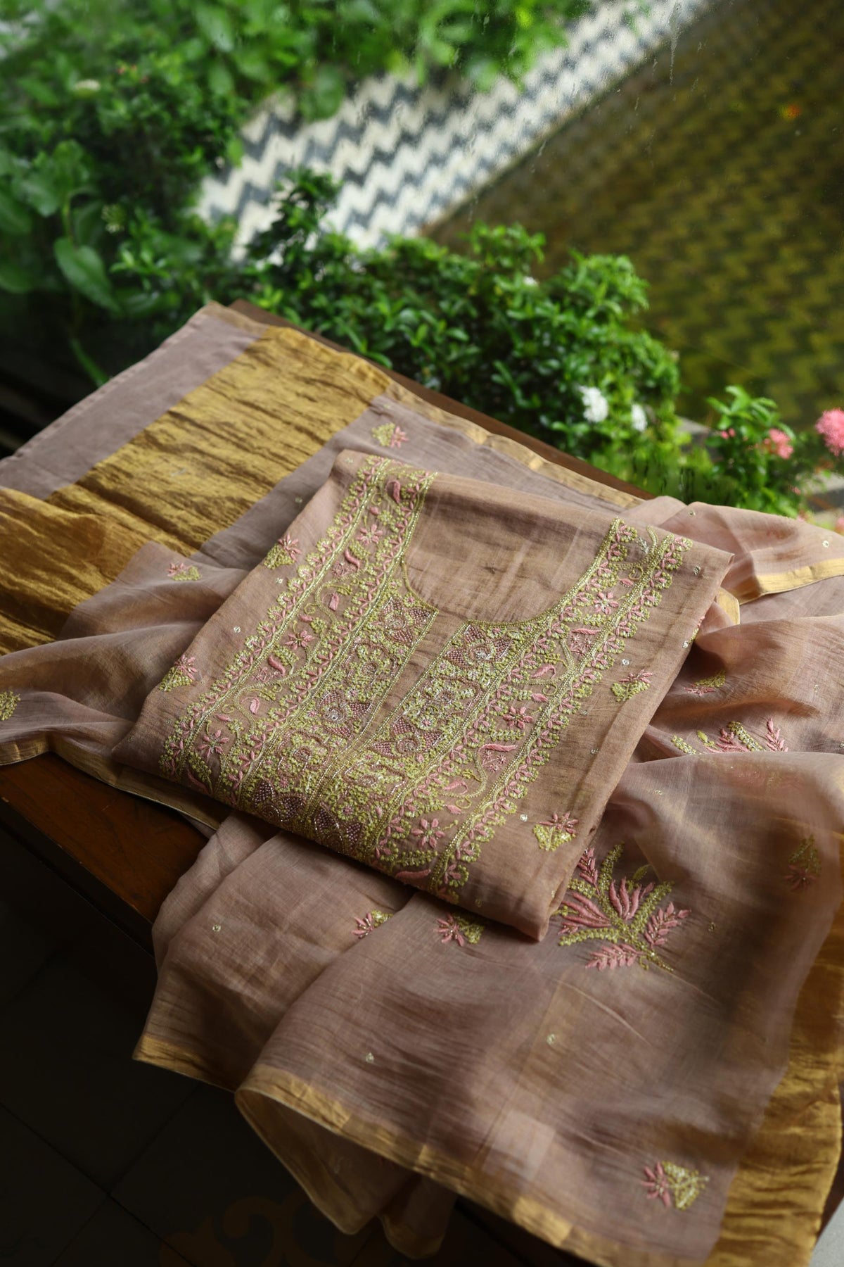 Peach Shade Tissue Silk Chikankari Unstitched Fabric