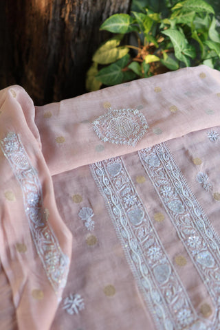 Peach Shade Zari Chanderi Unisex Chikankari Unstitched Men’s Kurta Fabric