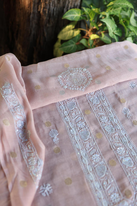 Peach Shade Zari Chanderi Unisex Chikankari Unstitched Men’s Kurta Fabric