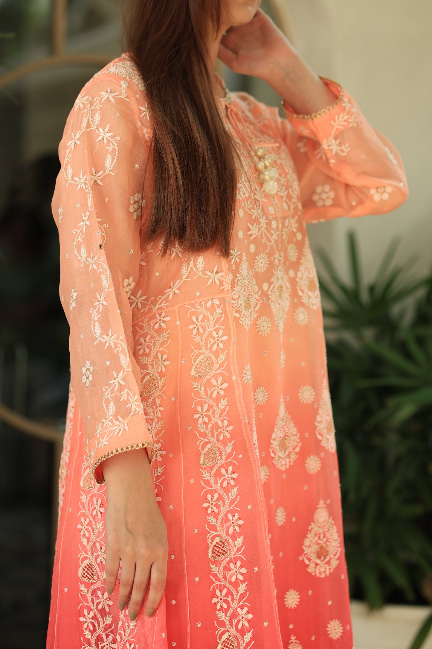 Peach & Carrot Pink Ombre Shade Noor Organza Chikankari A Line Kurta With Dupatta