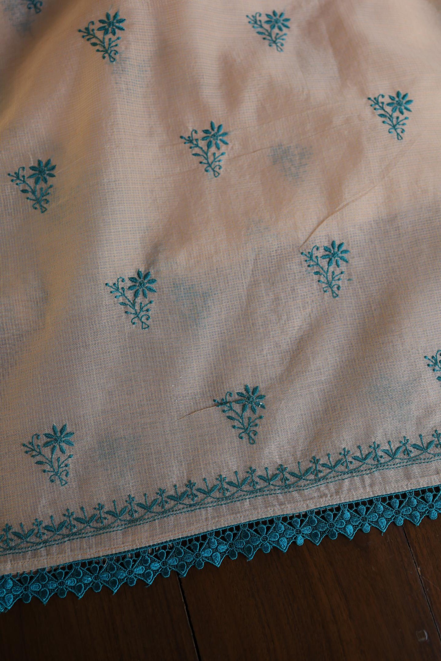 Peach & Green Kota Chikankari Unstitched Fabrics