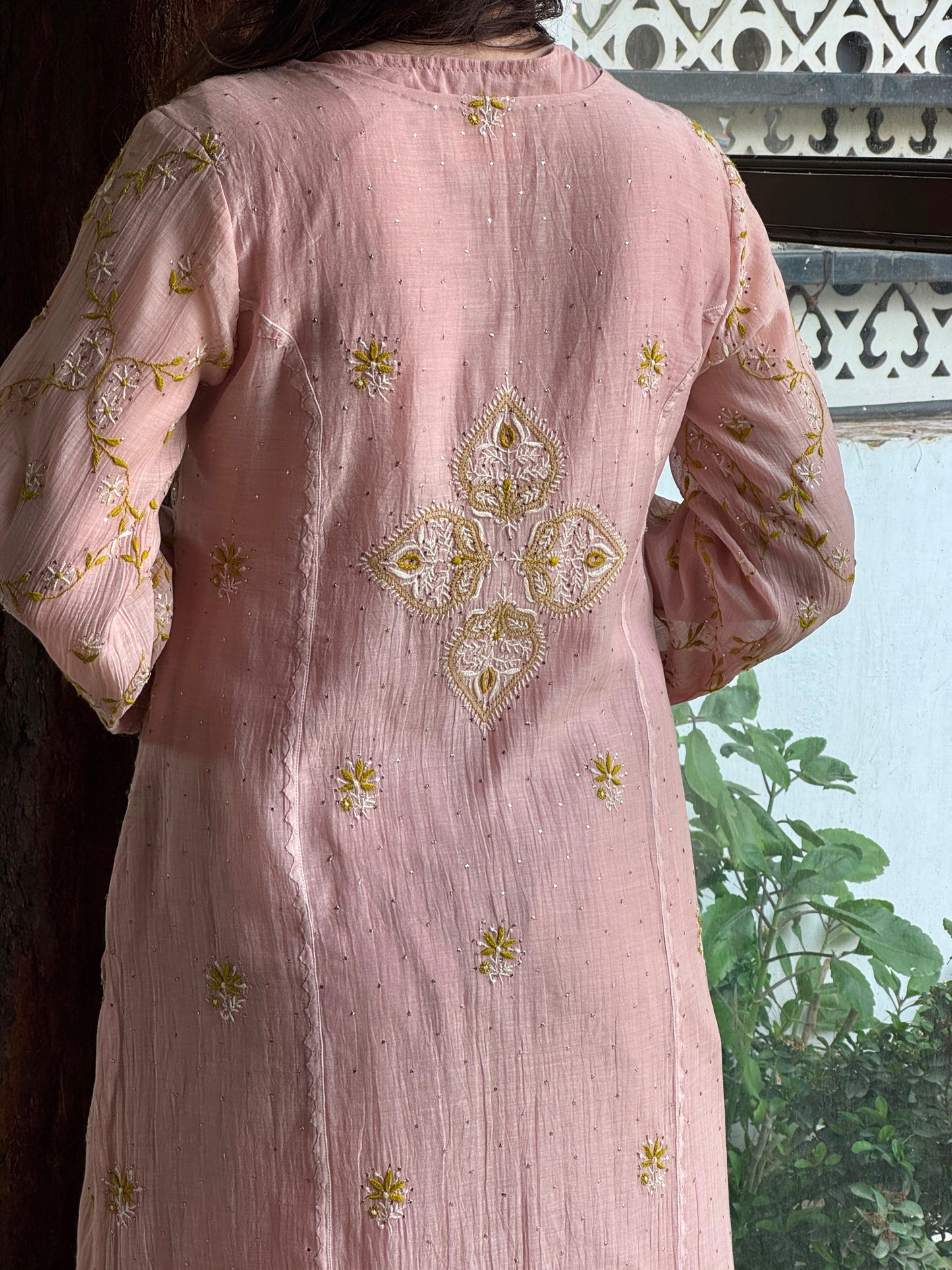 Peach & Green Mul Chanderi Mukaish Kamdani Chikankari Kurta Set