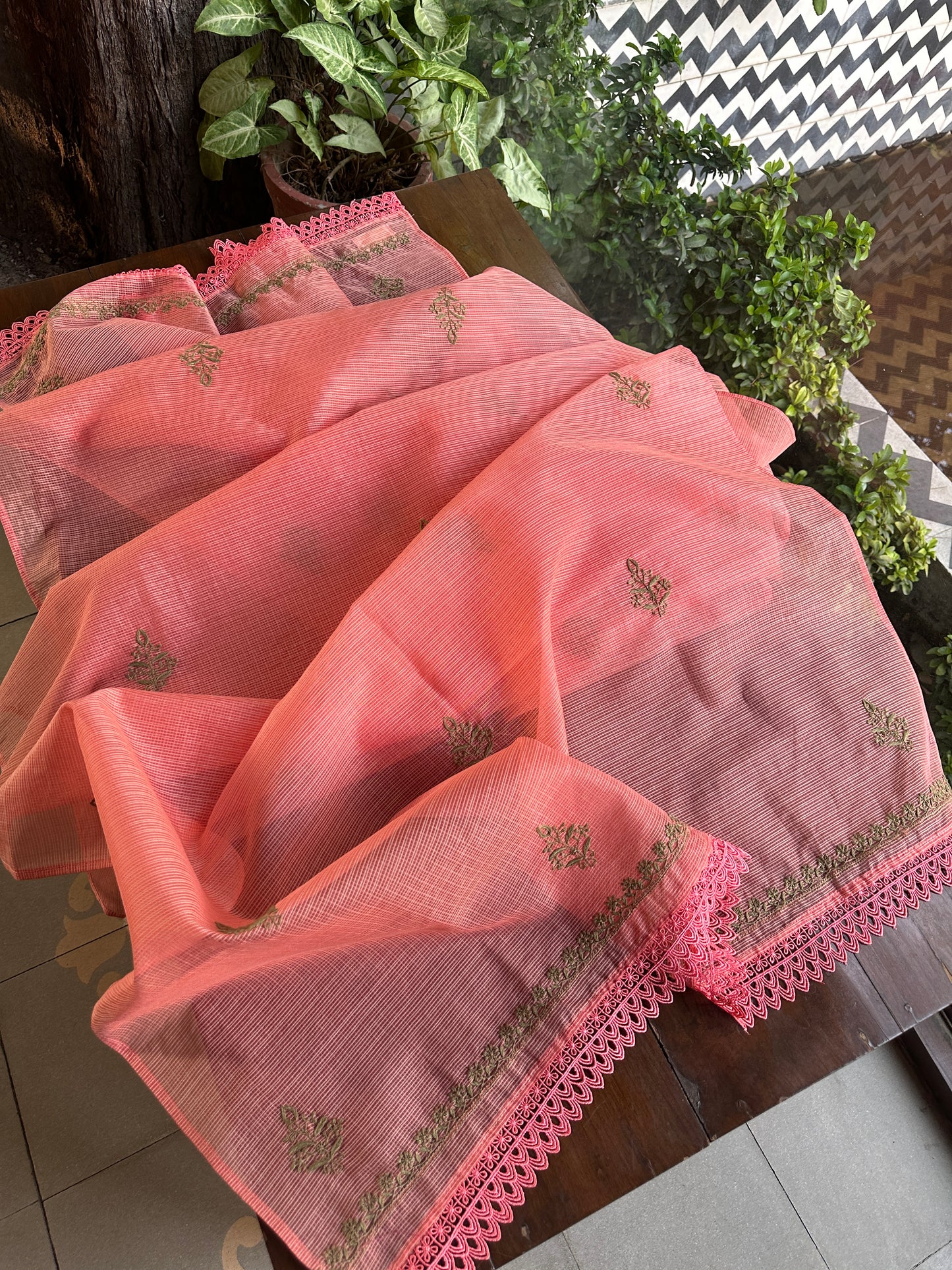 Peach Kota Chikankari Unstitched Fabrics