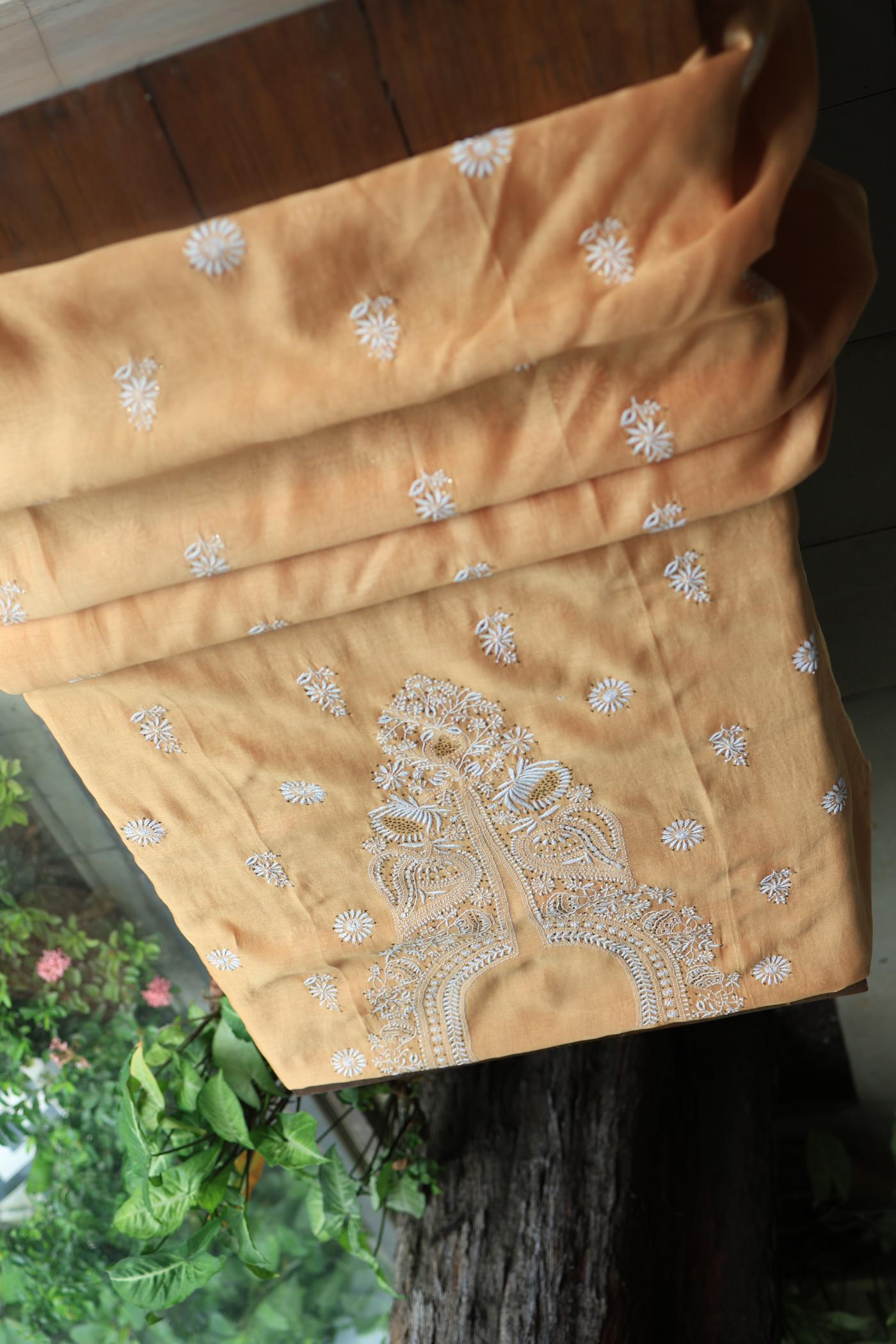 Peach Mal Cotton Chikankari Unstitched Kurta Dupatta Fabrics With Kamdani