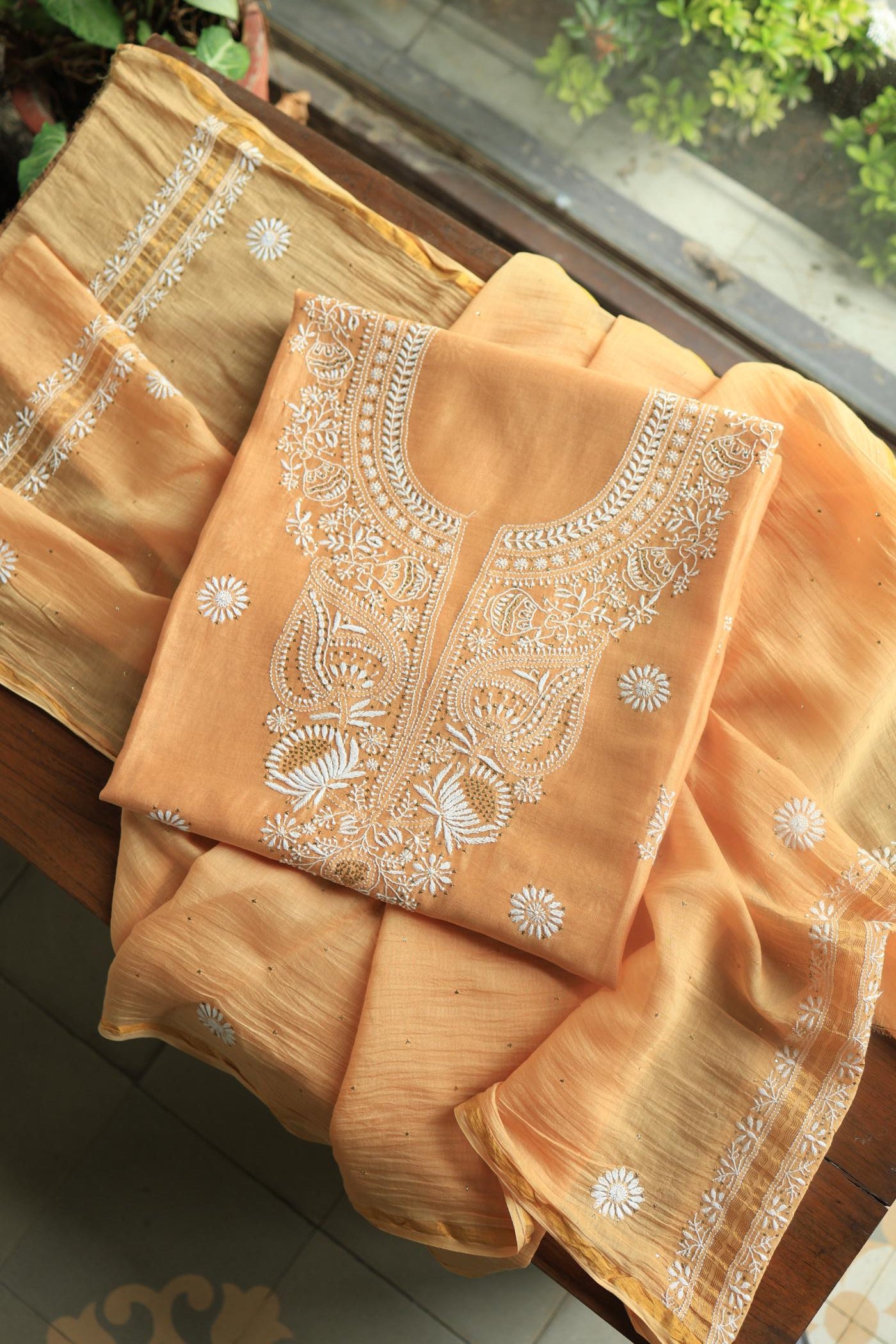 Peach Mal Cotton Chikankari Unstitched Kurta Dupatta Fabrics With Kamdani