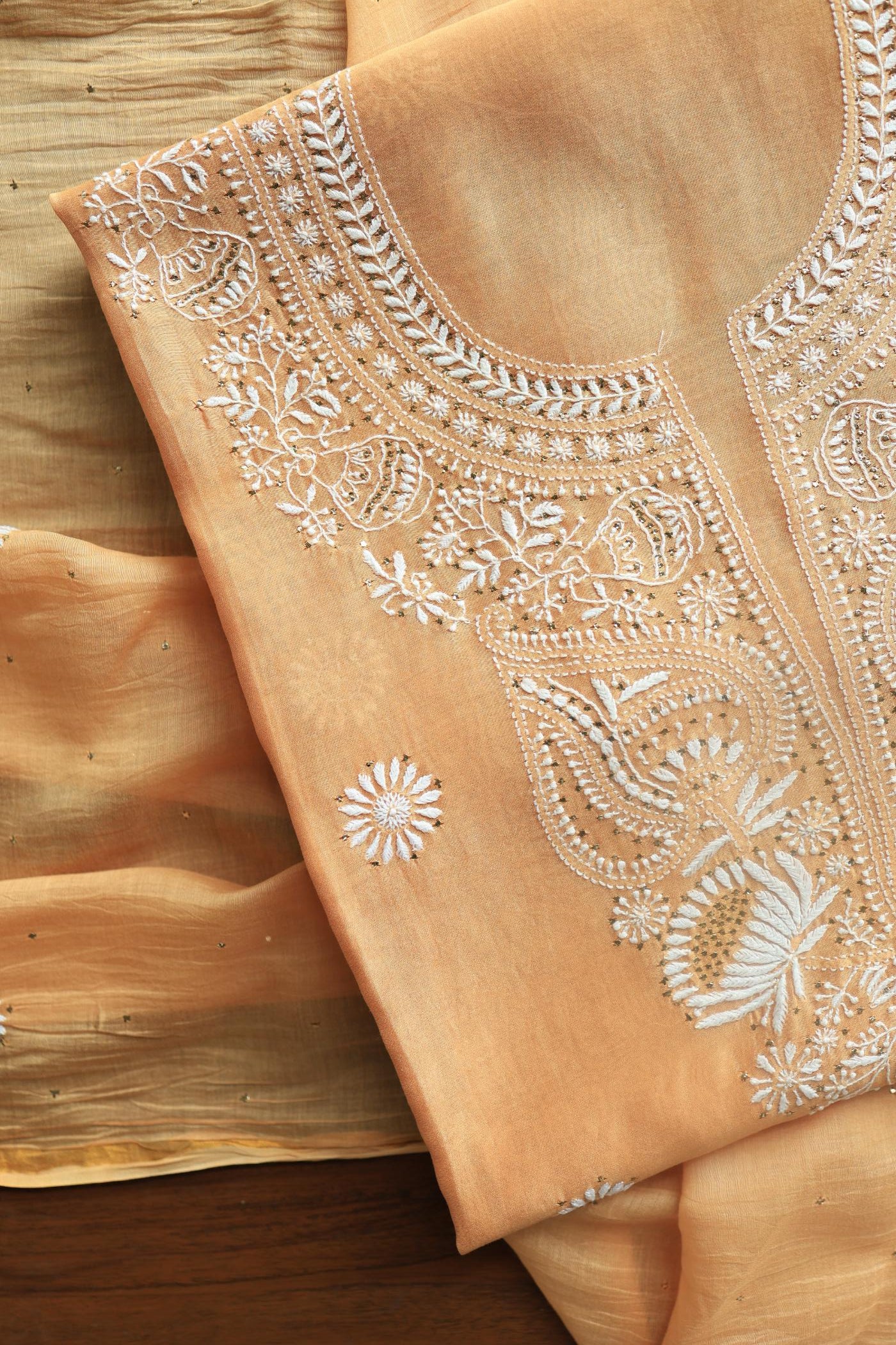 Peach Mal Cotton Chikankari Unstitched Kurta Dupatta Fabrics With Kamdani