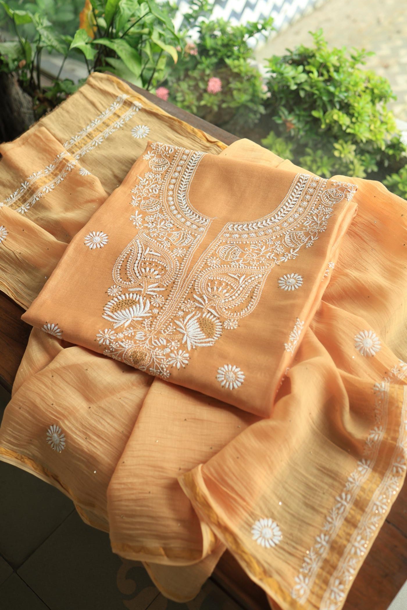 Peach Mal Cotton Chikankari Unstitched Kurta Dupatta Fabrics With Kamdani