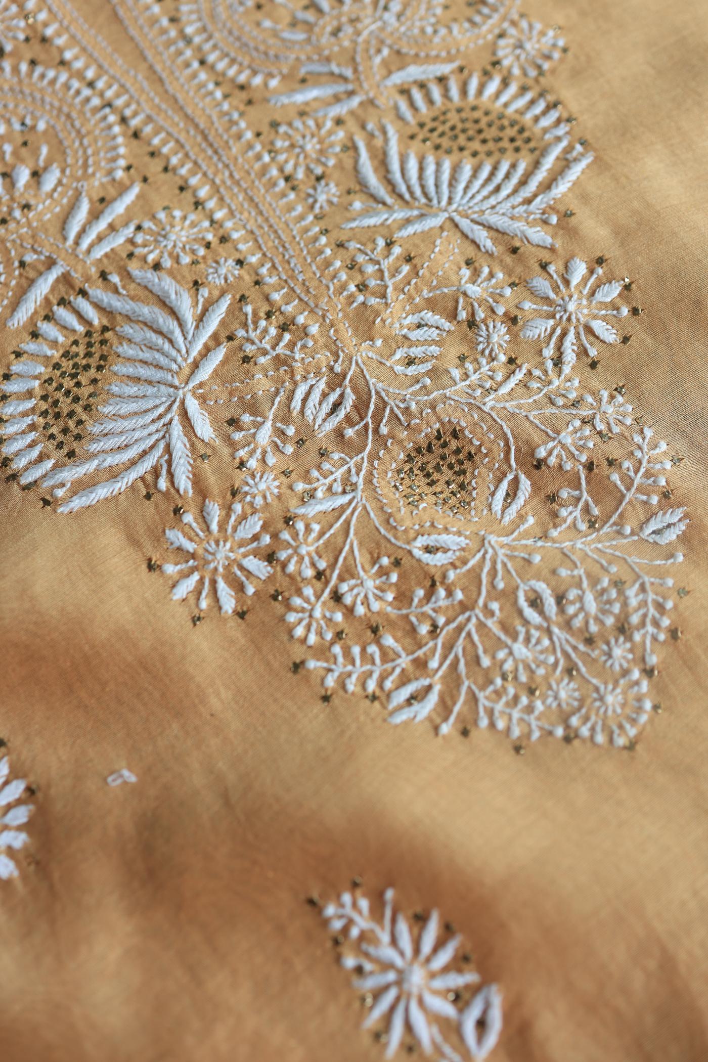 Peach Mal Cotton Chikankari Unstitched Kurta Dupatta Fabrics With Kamdani