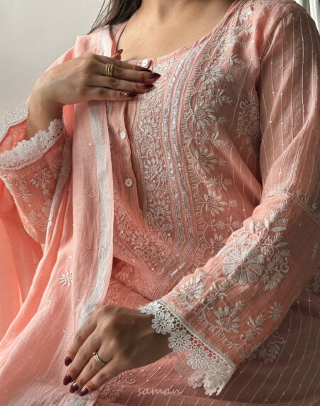Peach Soft Malmal Stripe Pattern Pearl Work Chikankari Kurta Set