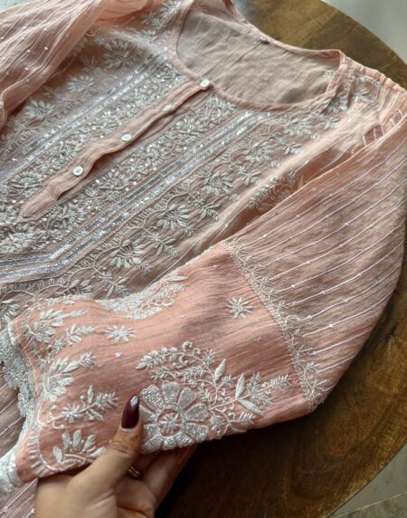 Peach Soft Malmal Stripe Pattern Pearl Work Chikankari Kurta Set