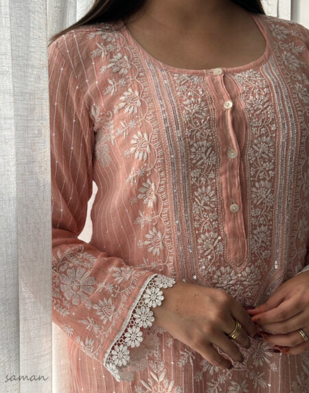 Peach Soft Malmal Stripe Pattern Pearl Work Chikankari Kurta Set